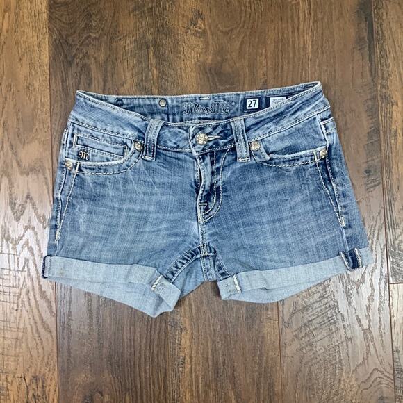 Miss Me Thick Stitching Rolled Cuffed Bedazzled Jean Shorts - Picture 1 of 9